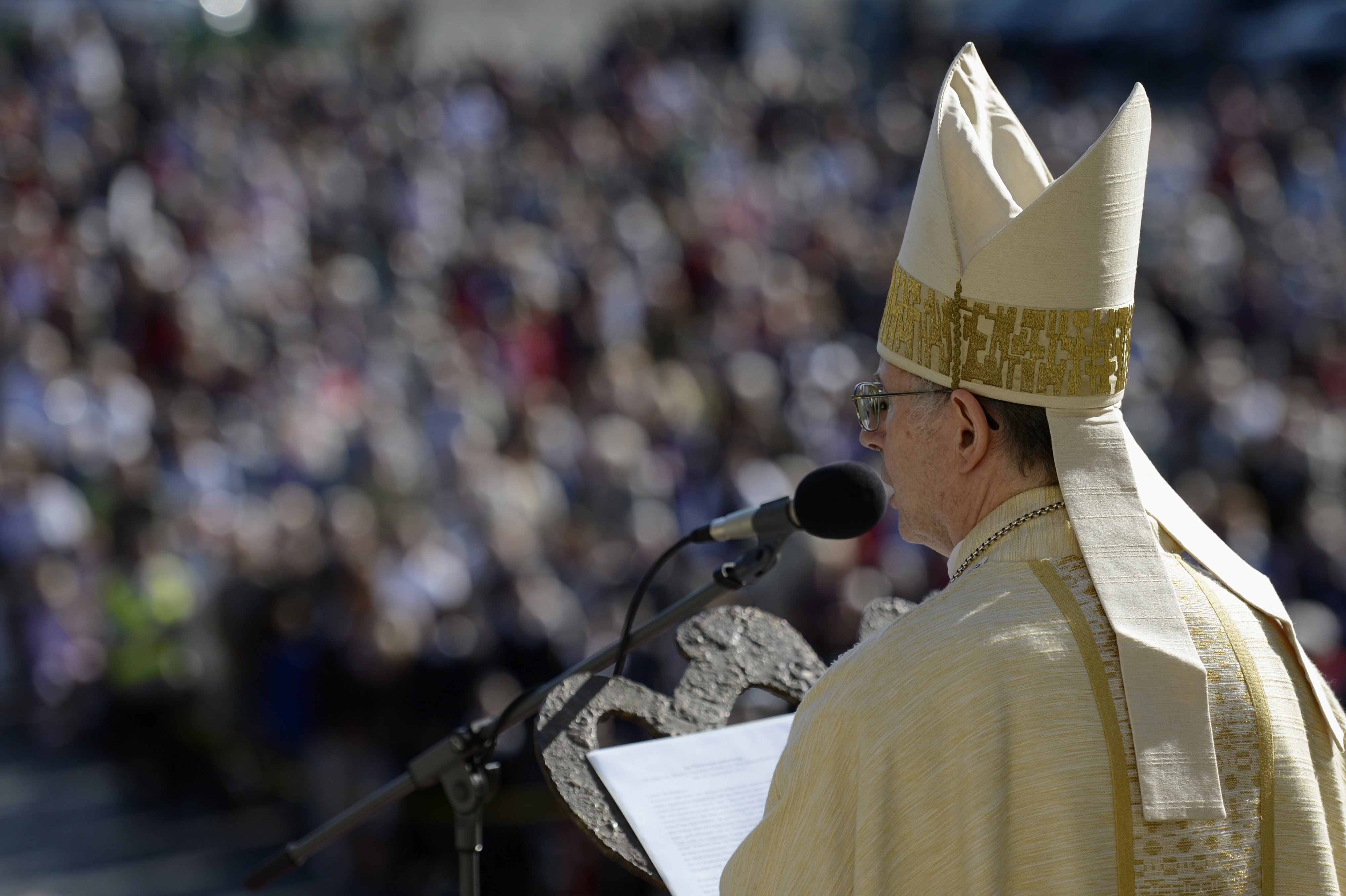 	Bischof Wanke mit Mitra am Ambo vor Wallfahrern