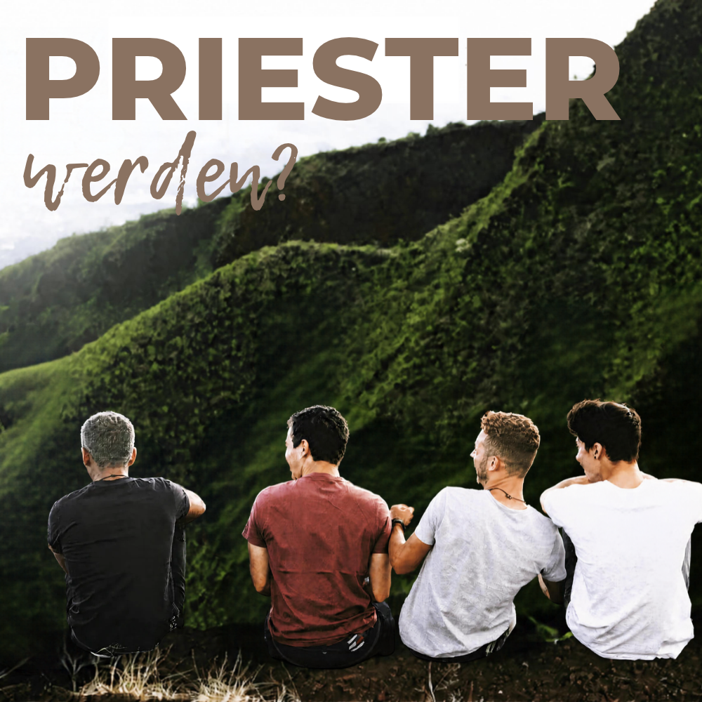 	Männer sitzen auf Berg. Text: Priester werden?