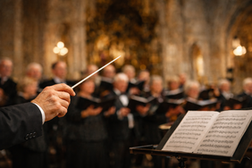 Dirigent mit taktstock vor Chor in Kirche