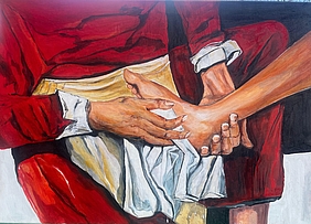 Gemälde: Hände, die den Fuß eines Anderen abtrocknen