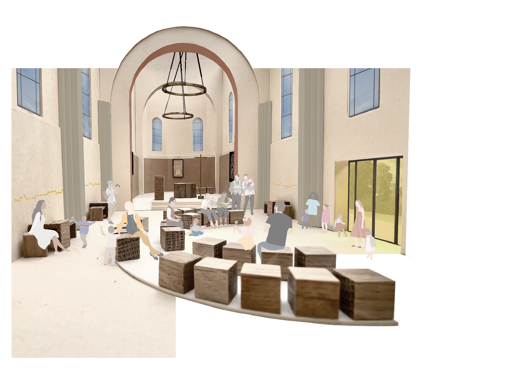 Kirche Innen mit Altar und Holzklötzchen als Stühle