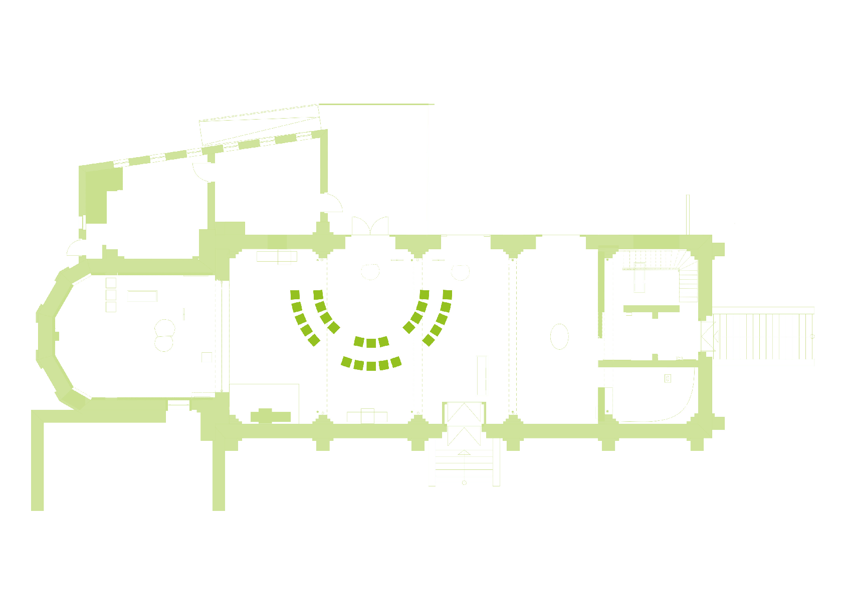 Grundriss Kirche mit Stühlen in Halbkreis