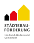 Logo Städtebauförderung mit drei Häusern in verschiedenen Farben