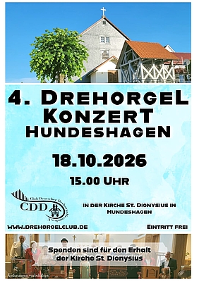 Blaues Plakat mit Informationen zum Drehorgelkonzert