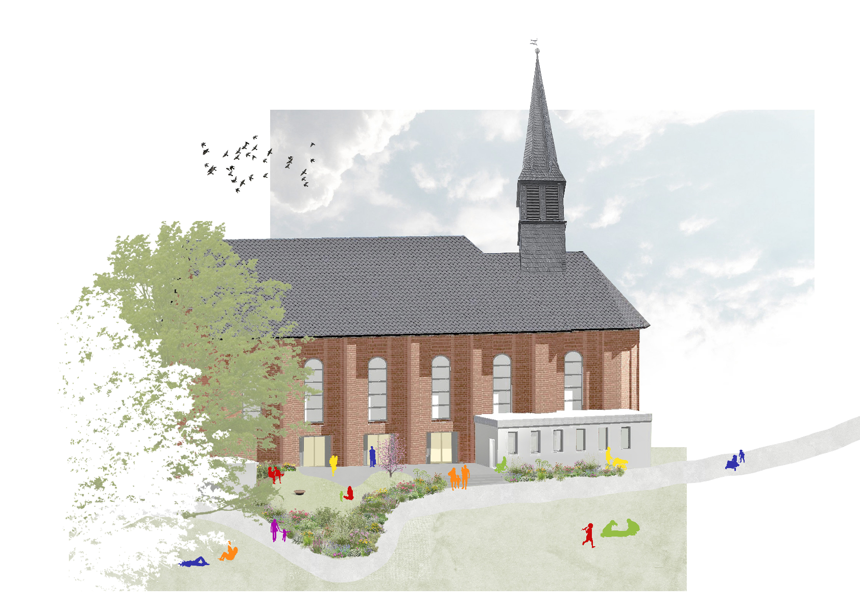 Zeichnung Kirche von Außen mit Bäumen, Sträuchern und Menschen auf Terasse