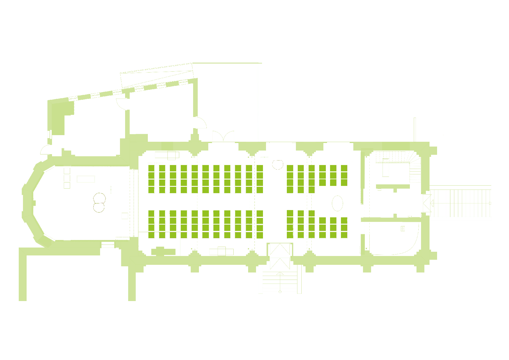 Grundriss Kirche mit Stühlen in Reihen