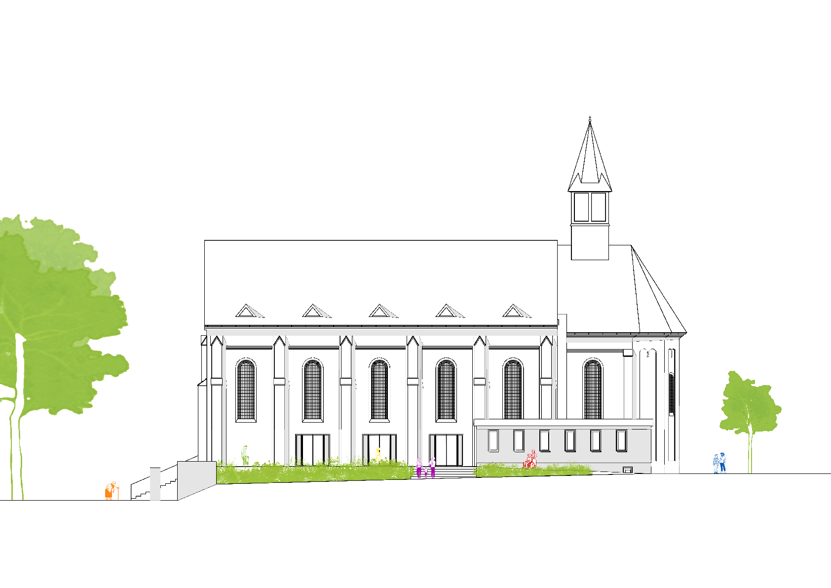 Zeichnung von Kirche Außenansicht und Bäumen