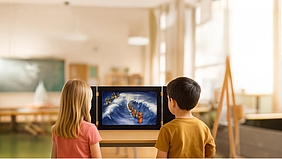 Zwei Kinder sitzen vor einem Papiertheater