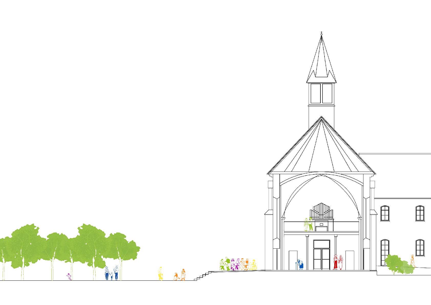 Zeichnung von Kirchen Außenansicht Tor mit Menschen und Bäumen davor