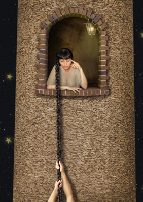Rapunzel, die ihr Haar vom Turmfenster herunterlässt